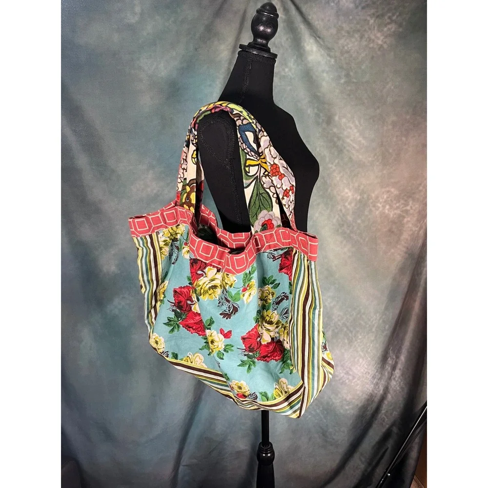 Artisan Reversible Patchwork Tote Bag Boho Cottagecore Floral Market Beach Purse